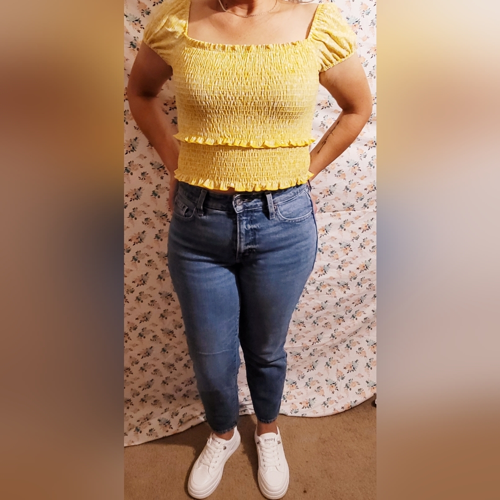 Printed Smocked Crop Top in Yellow Print